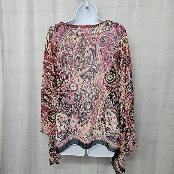 Mirabeau Pink Black Floral Paisley Blouse Peasant Boho Gypsy Festival Sheer L - Picture 6 of 12